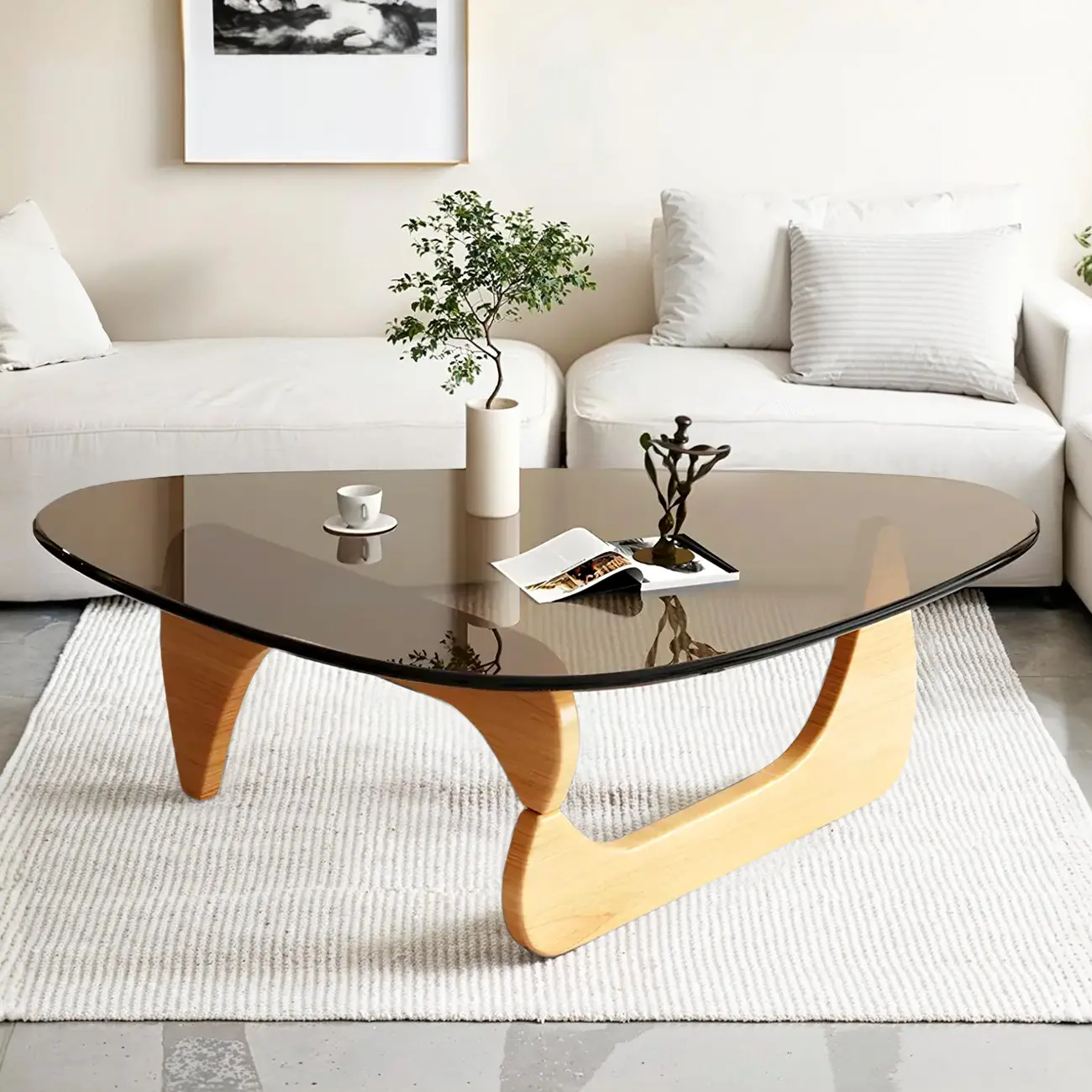 Modern Triangle Glass Coffee Table Wooden Base Image - 13 | homeyfad