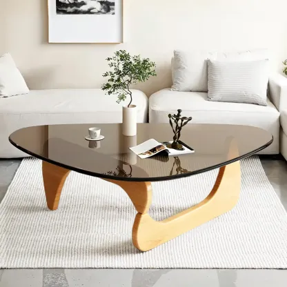Modern Triangle Glass Coffee Table Wooden Base Image - 13