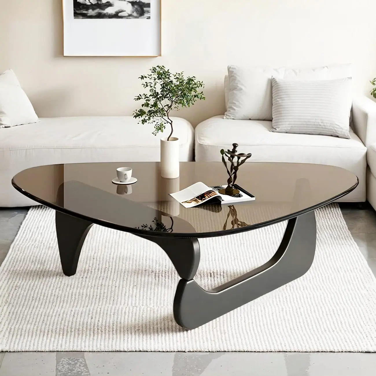 Modern Triangle Glass Coffee Table Wooden Base Image - 15 | homeyfad