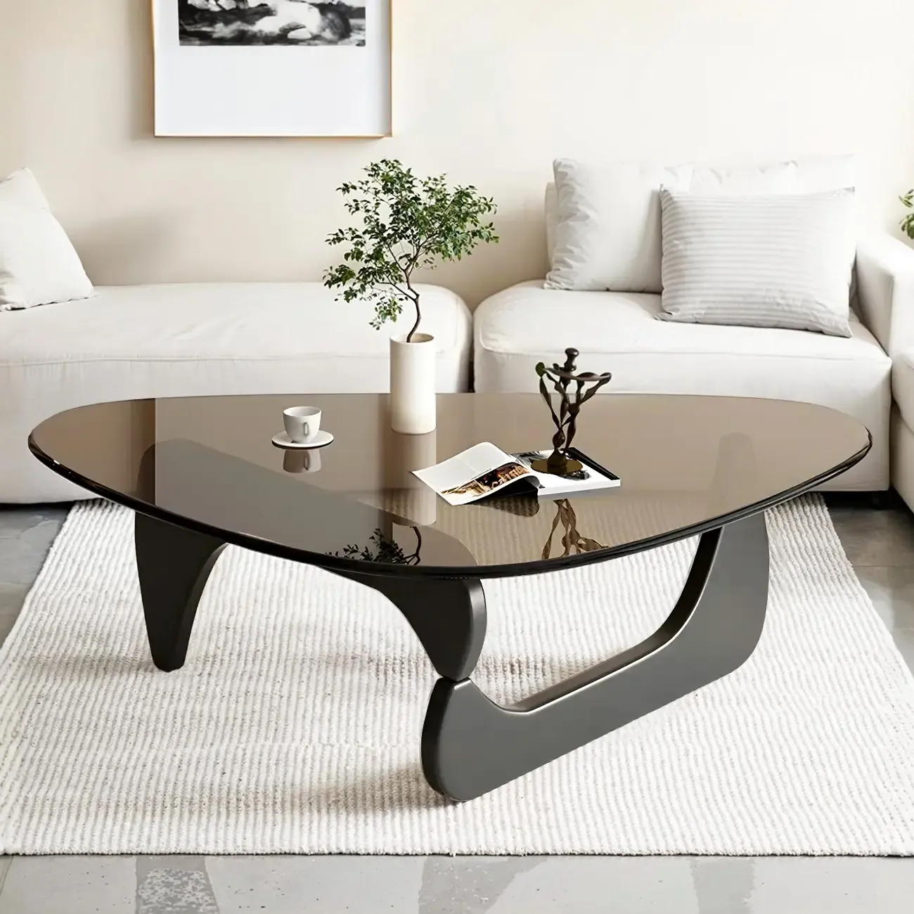 Modern Triangle Glass Coffee Table Wooden Base Image - 15