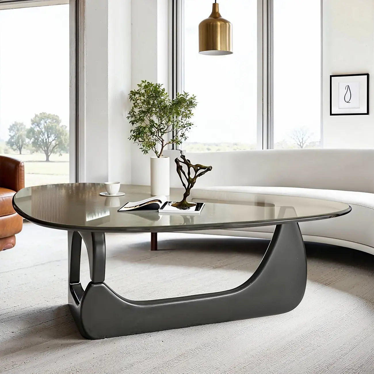 Modern Triangle Glass Coffee Table Wooden Base Image - 16 | homeyfad