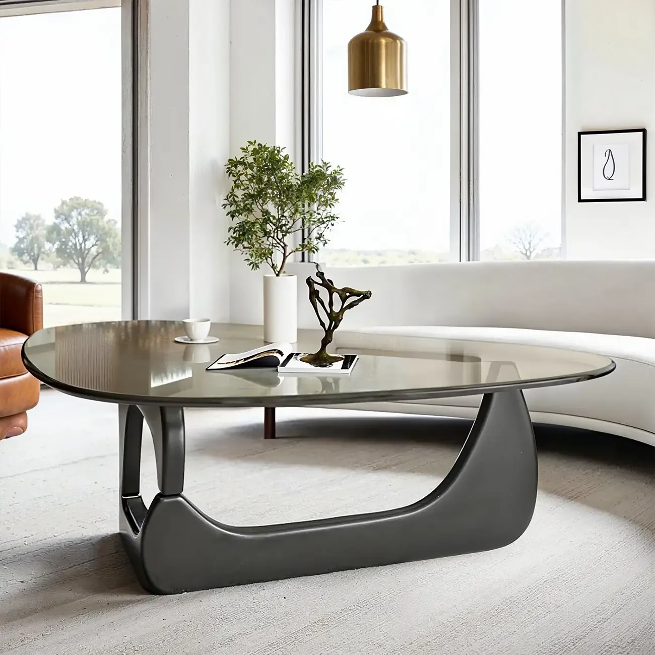 Modern Triangle Glass Coffee Table Wooden Base Image - 16