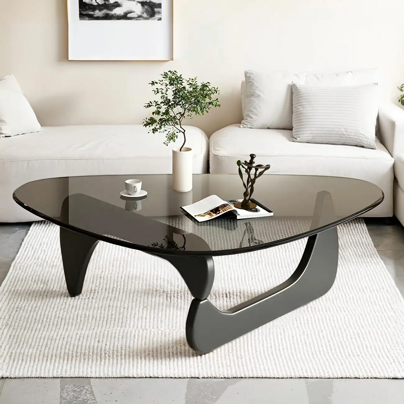 Modern Triangle Glass Coffee Table Wooden Base Image - 17 | homeyfad