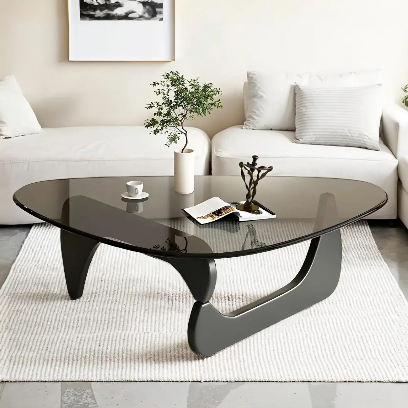 Modern Triangle Glass Coffee Table Wooden Base Image - 17