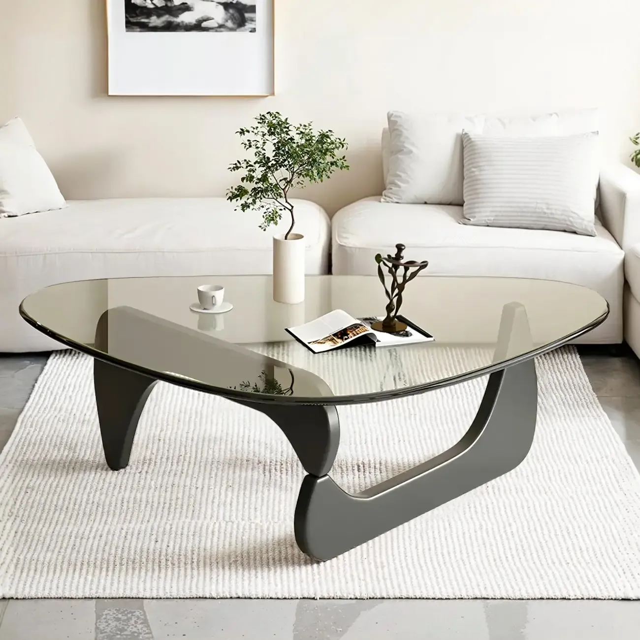 Modern Triangle Glass Coffee Table Wooden Base Image - 18