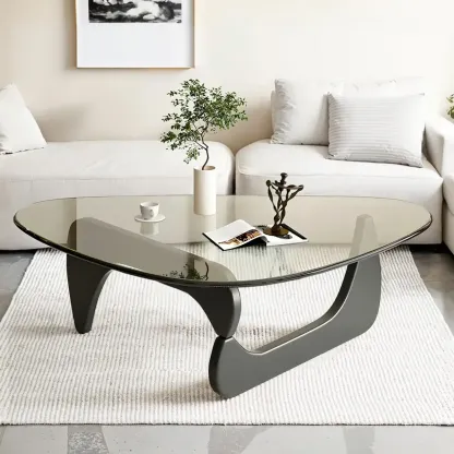 Modern Triangle Glass Coffee Table Wooden Base Image - 18