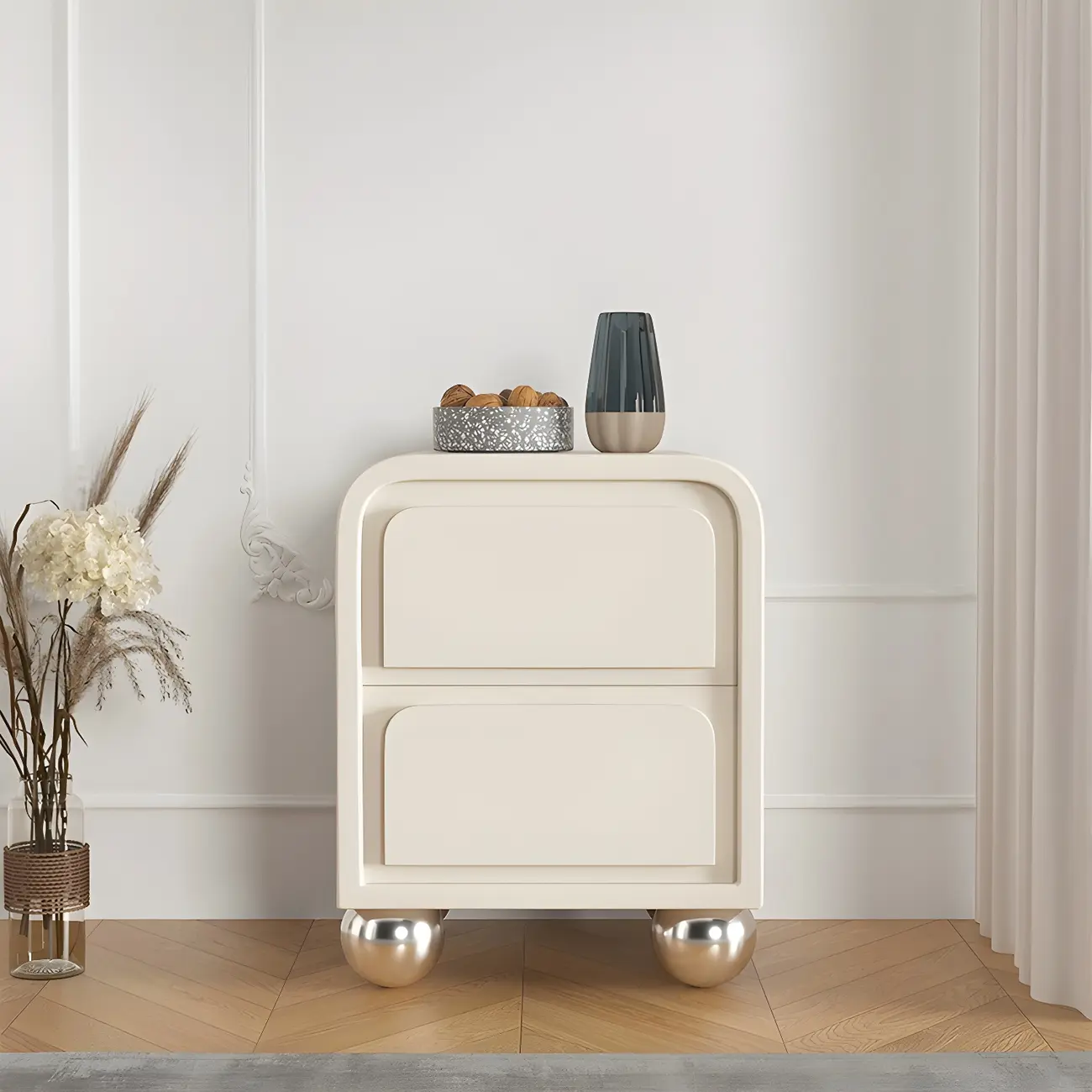 Narrow Off-White Faux Leather 2 Drawers Nightstand Image - 1 | homeyfad