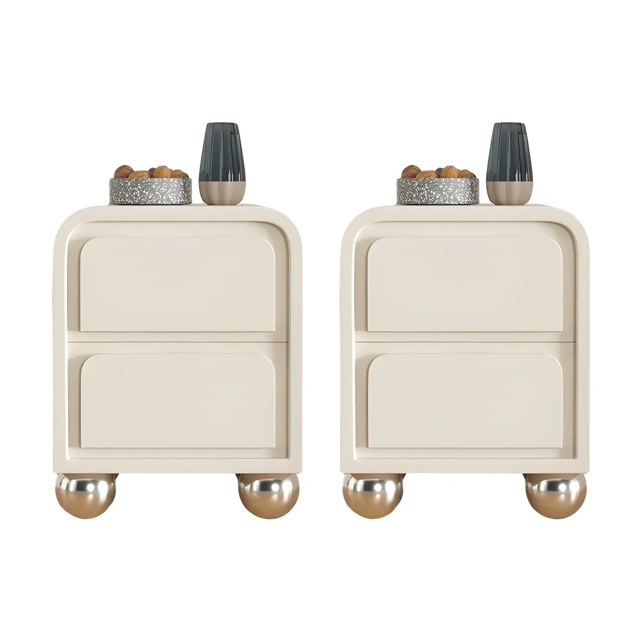 Narrow Off-White Faux Leather 2 Drawers Nightstand Image - 6