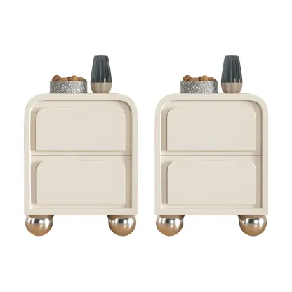 Narrow Off-White Faux Leather 2 Drawers Nightstand Image - 6