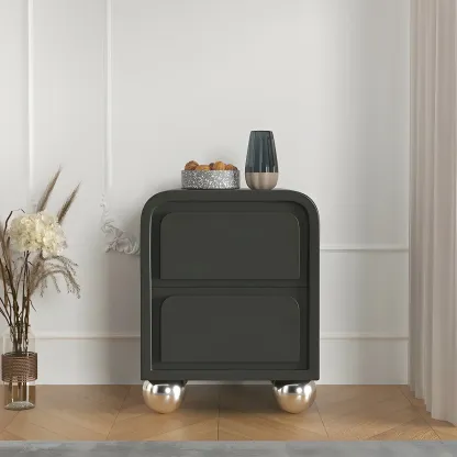 Narrow Off-White Faux Leather 2 Drawers Nightstand Image - 3