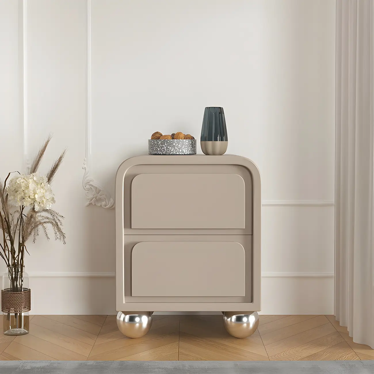 Narrow Off-White Faux Leather 2 Drawers Nightstand Image - 5 | homeyfad