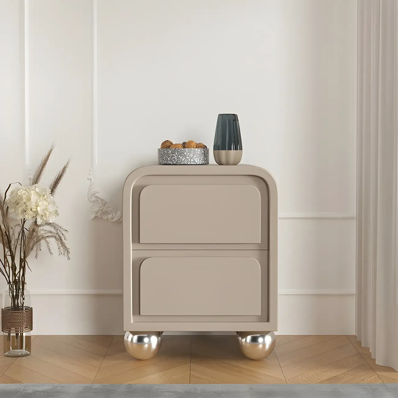 Narrow Off-White Faux Leather 2 Drawers Nightstand Image - 5