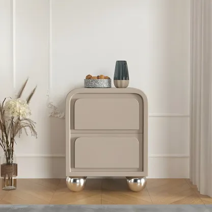 Narrow Off-White Faux Leather 2 Drawers Nightstand Image - 5