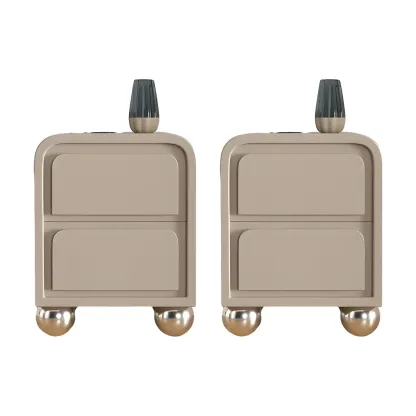 Narrow Off-White Faux Leather 2 Drawers Nightstand Image - 11