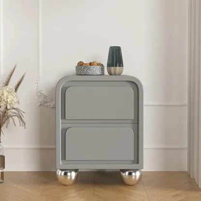 Narrow Off-White Faux Leather 2 Drawers Nightstand Image - 2