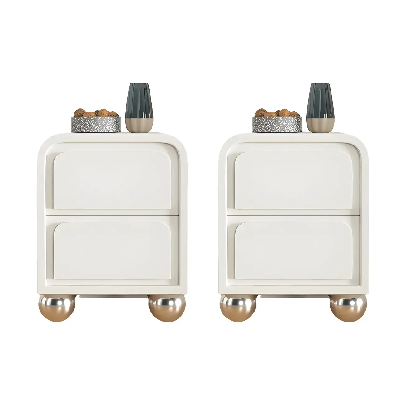 Narrow Off-White Faux Leather 2 Drawers Nightstand Image - 13