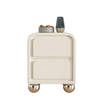 Narrow Off-White Faux Leather 2 Drawers Nightstand Image - 14