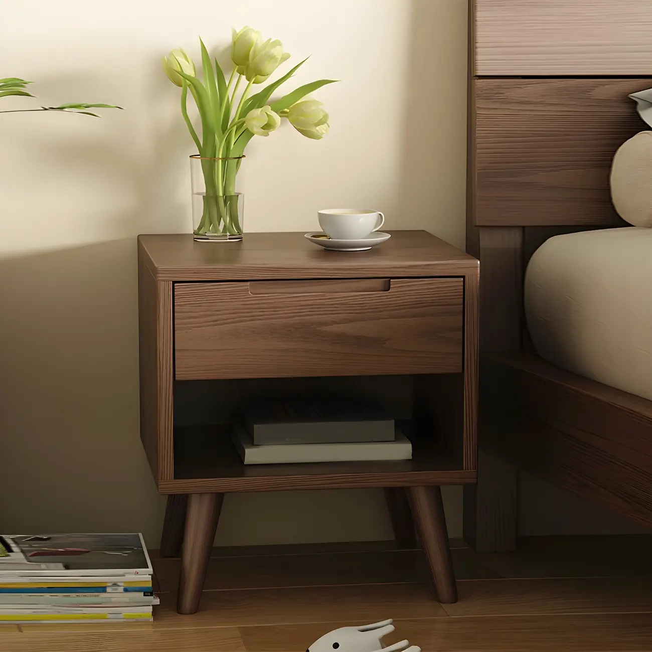 Small Modern Brown Rubberwood Shelf & Drawer Nightstand Image - 1 | homeyfad