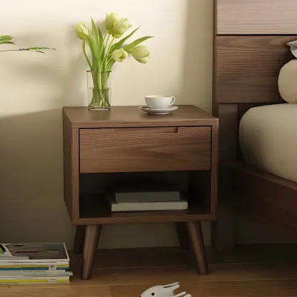 Small Modern Brown Rubberwood Shelf & Drawer Nightstand Image - 1