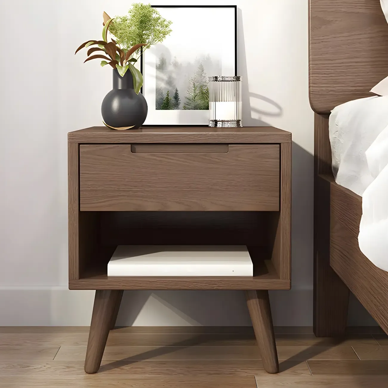Small Modern Brown Rubberwood Shelf & Drawer Nightstand Image - 3