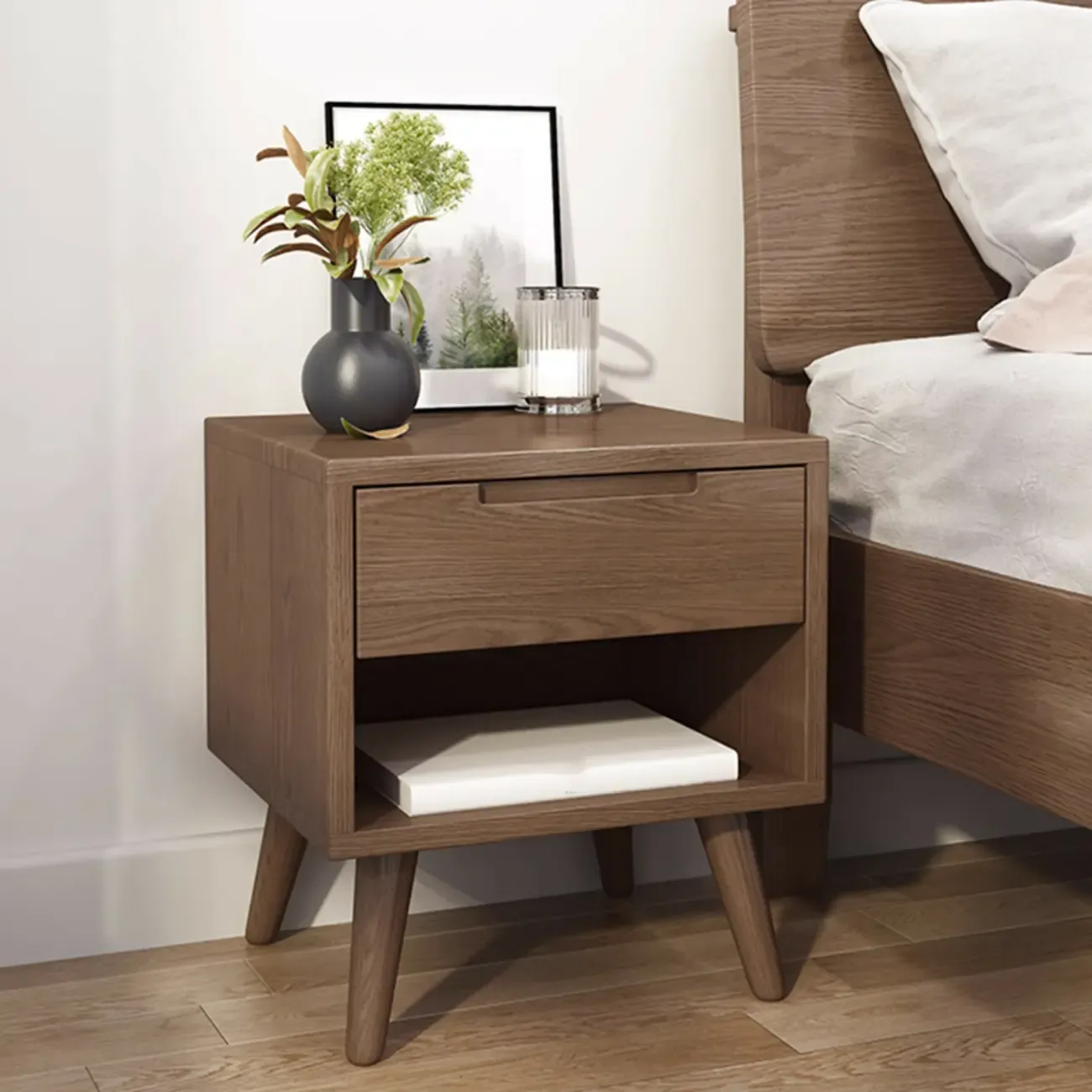 Small Modern Brown Rubberwood Shelf & Drawer Nightstand Image - 2