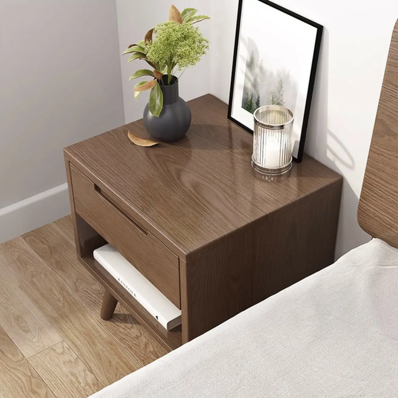 Small Modern Brown Rubberwood Shelf & Drawer Nightstand Image - 4 | homeyfad