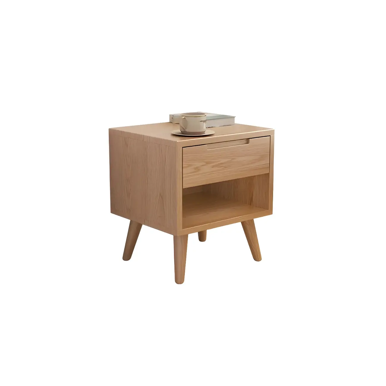 Small Modern Brown Rubberwood Shelf & Drawer Nightstand Image - 14 | homeyfad