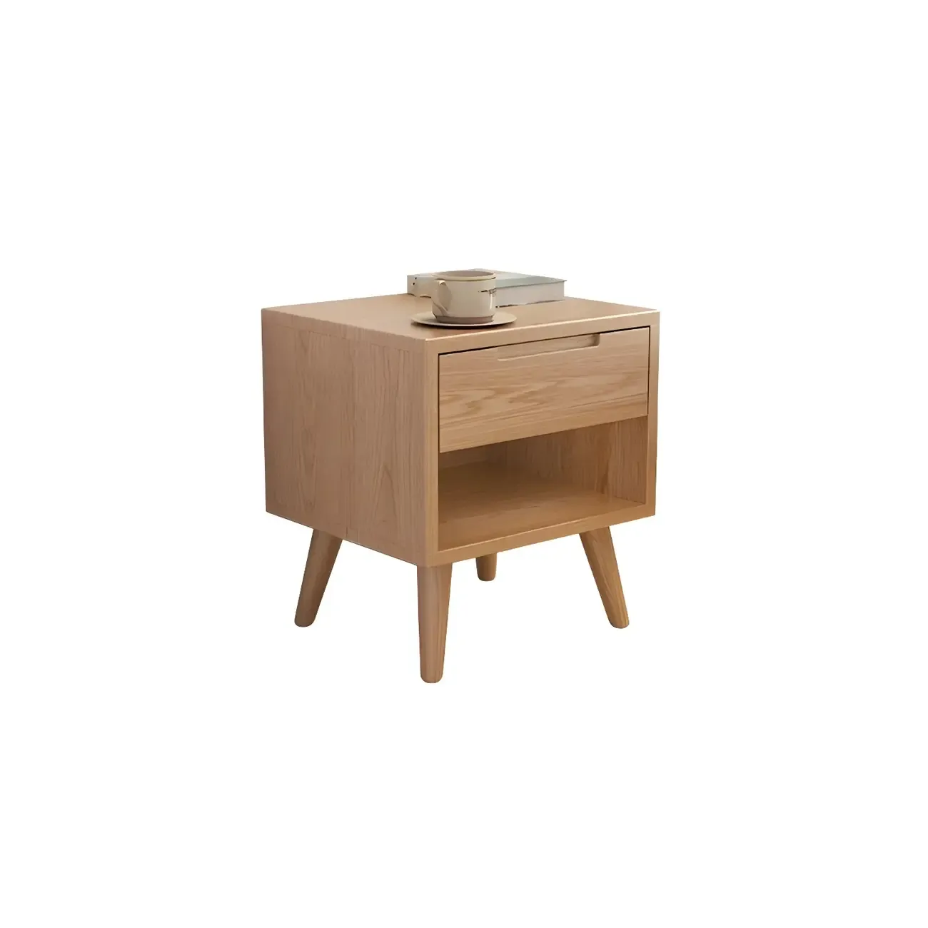 Small Modern Brown Rubberwood Shelf & Drawer Nightstand Image - 14