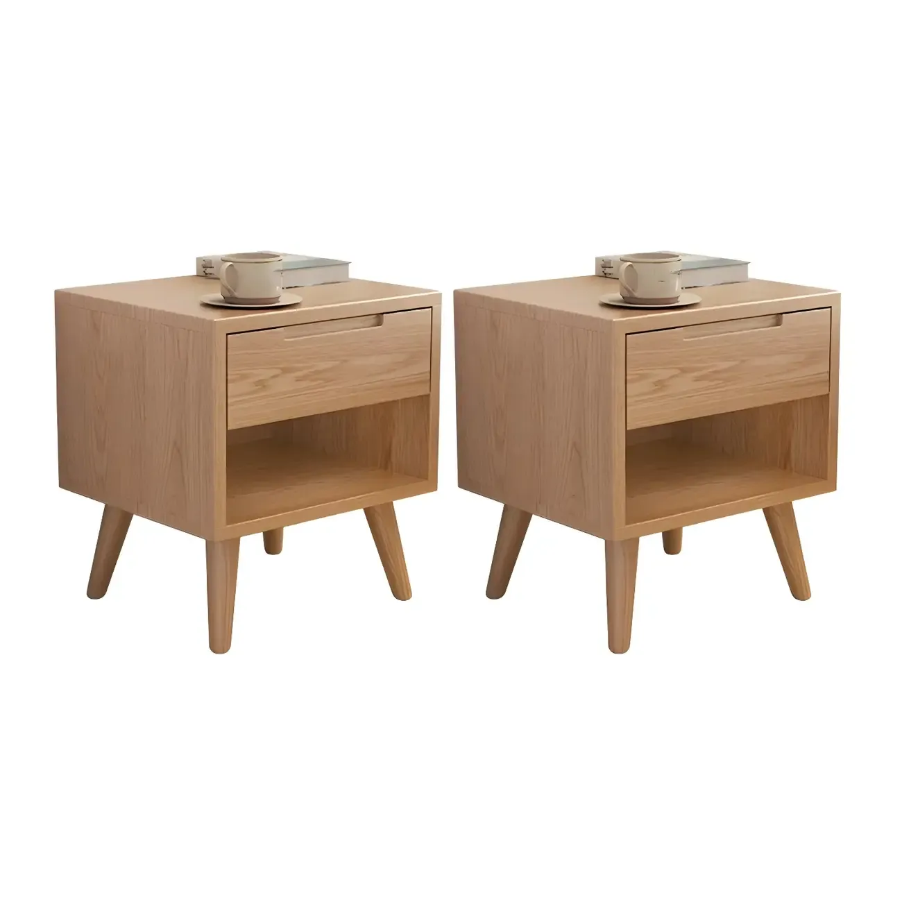 Small Modern Brown Rubberwood Shelf & Drawer Nightstand Image - 19