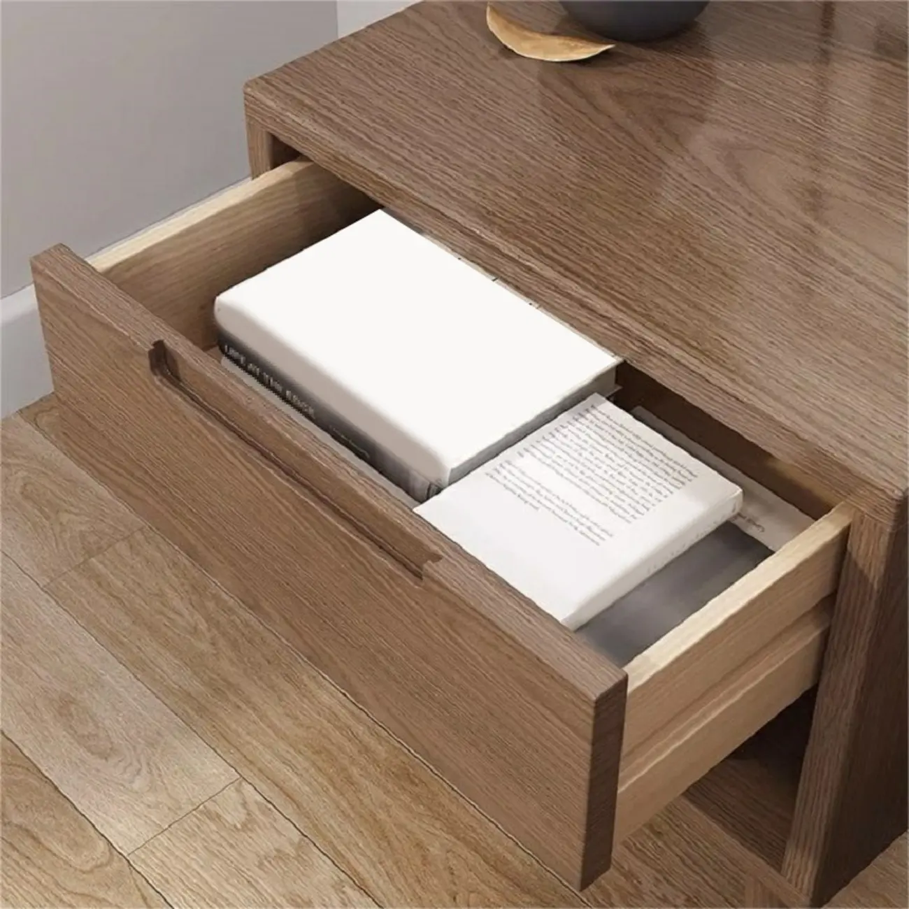 Small Modern Brown Rubberwood Shelf & Drawer Nightstand Image - 9 | homeyfad