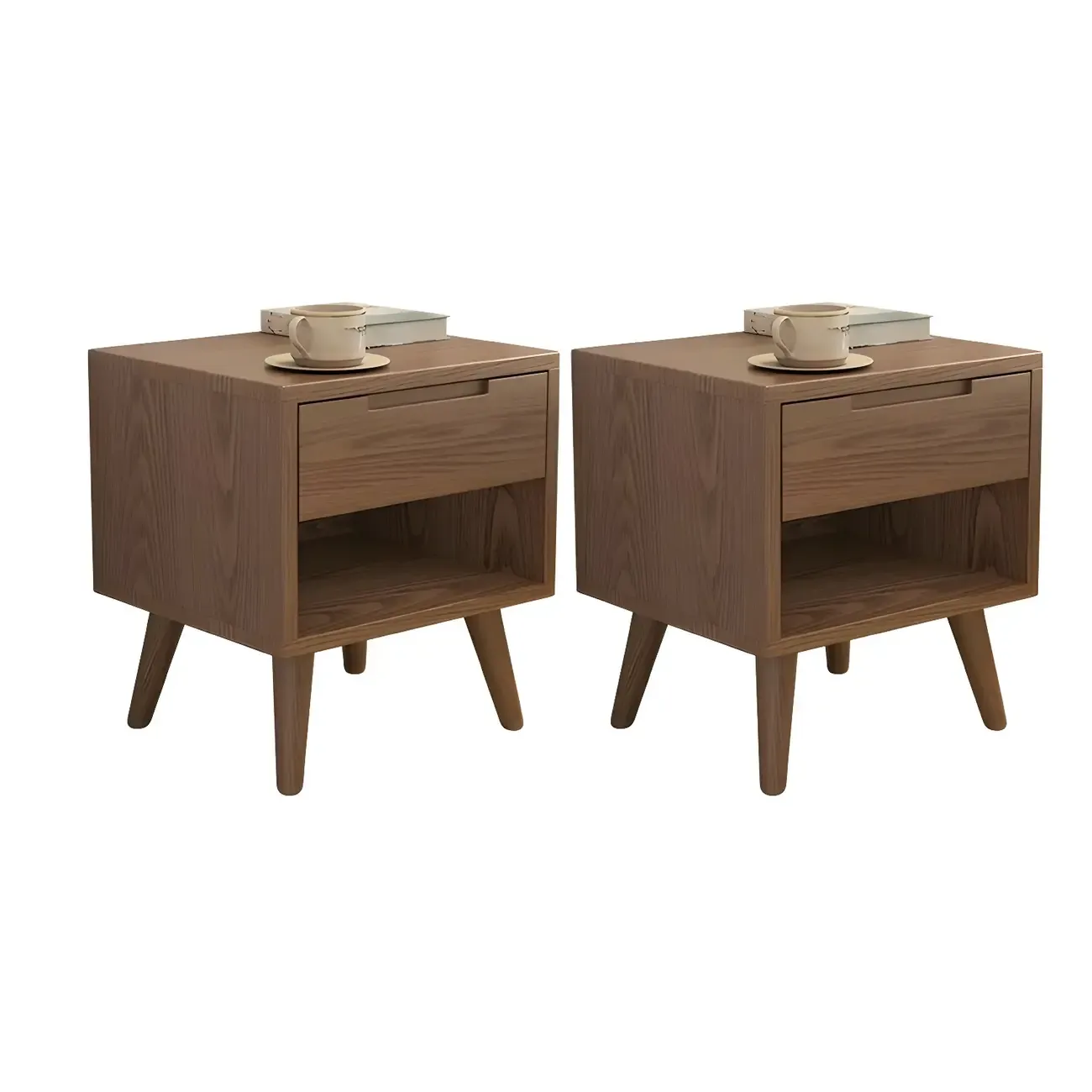 Small Modern Brown Rubberwood Shelf & Drawer Nightstand Image - 20