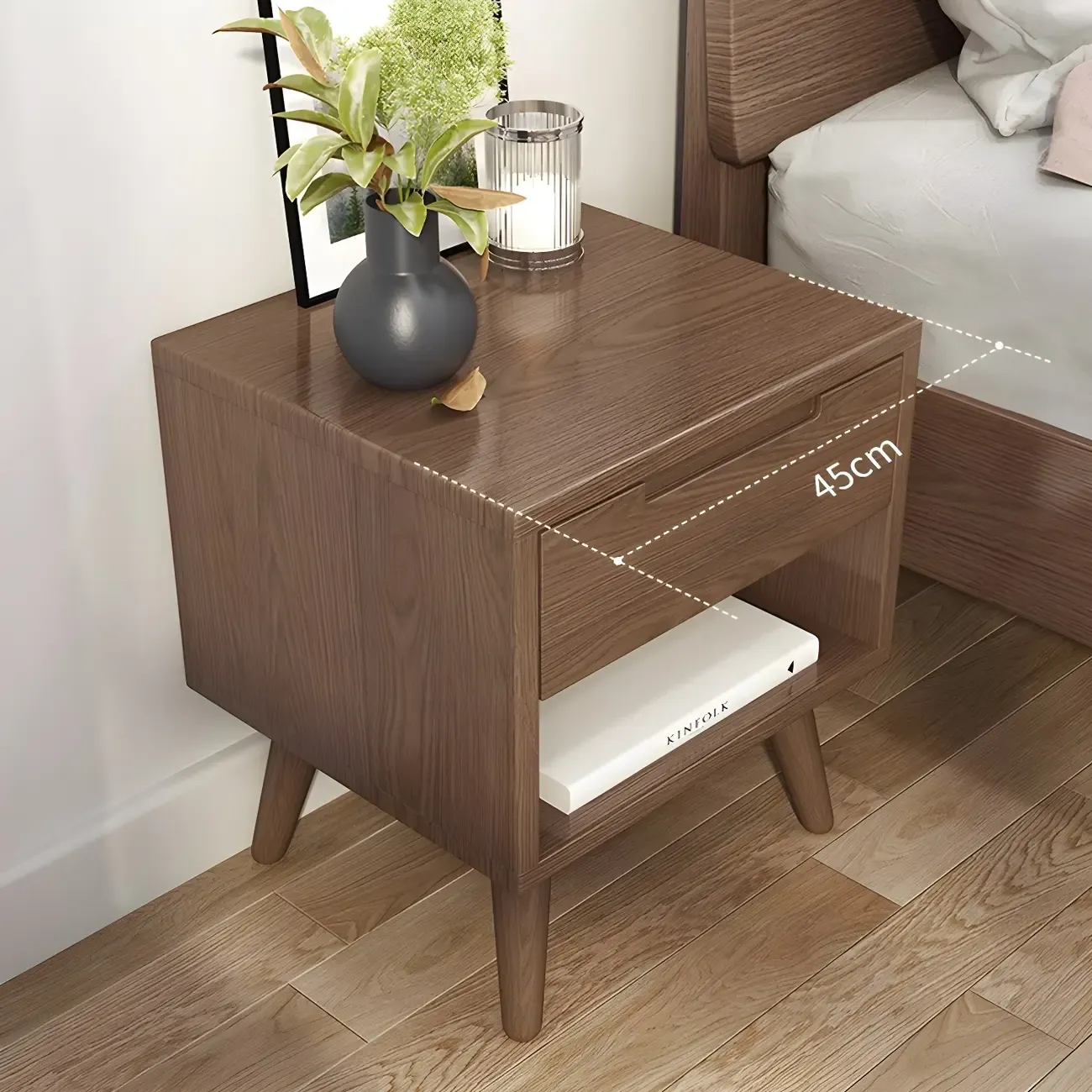Small Modern Brown Rubberwood Shelf & Drawer Nightstand Image - 6
