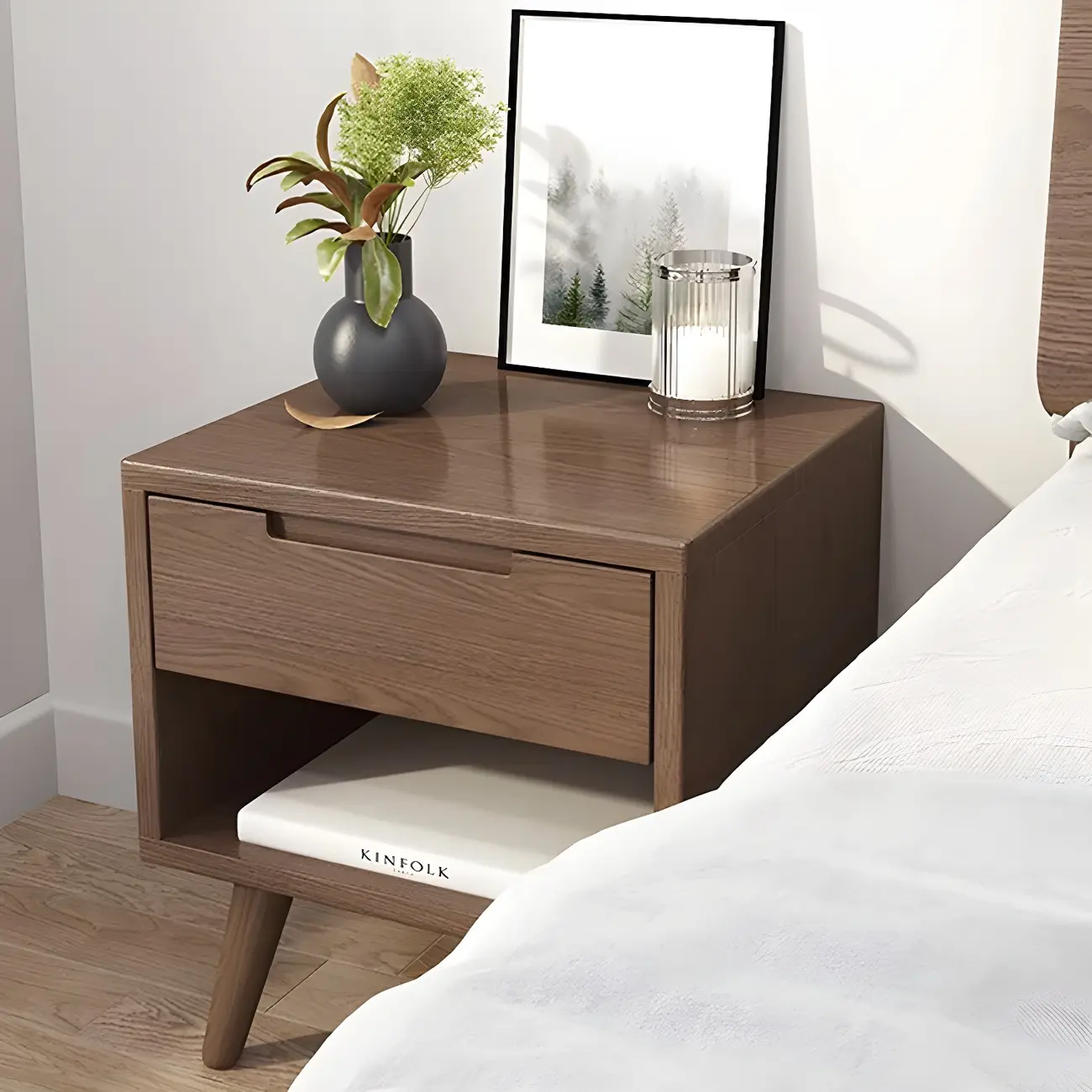 Small Modern Brown Rubberwood Shelf & Drawer Nightstand Image - 11 | homeyfad