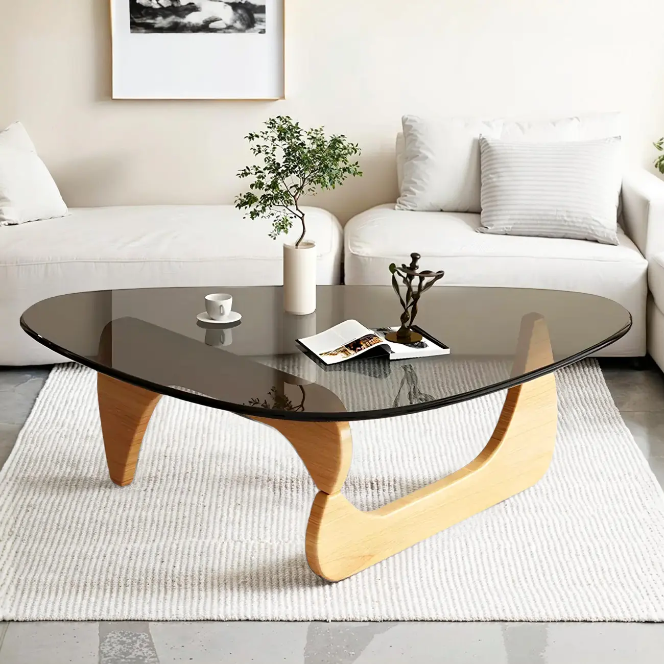 Modern Triangle Glass Coffee Table Wooden Base Image - 14 | homeyfad