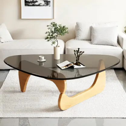 Modern Triangle Glass Coffee Table Wooden Base Image - 14
