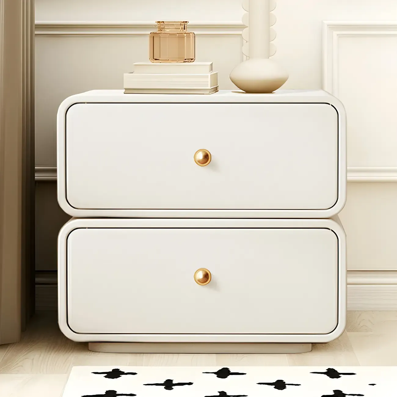 Modern White Faux Leather Rounded 2-Drawer Nightstand Image - 1