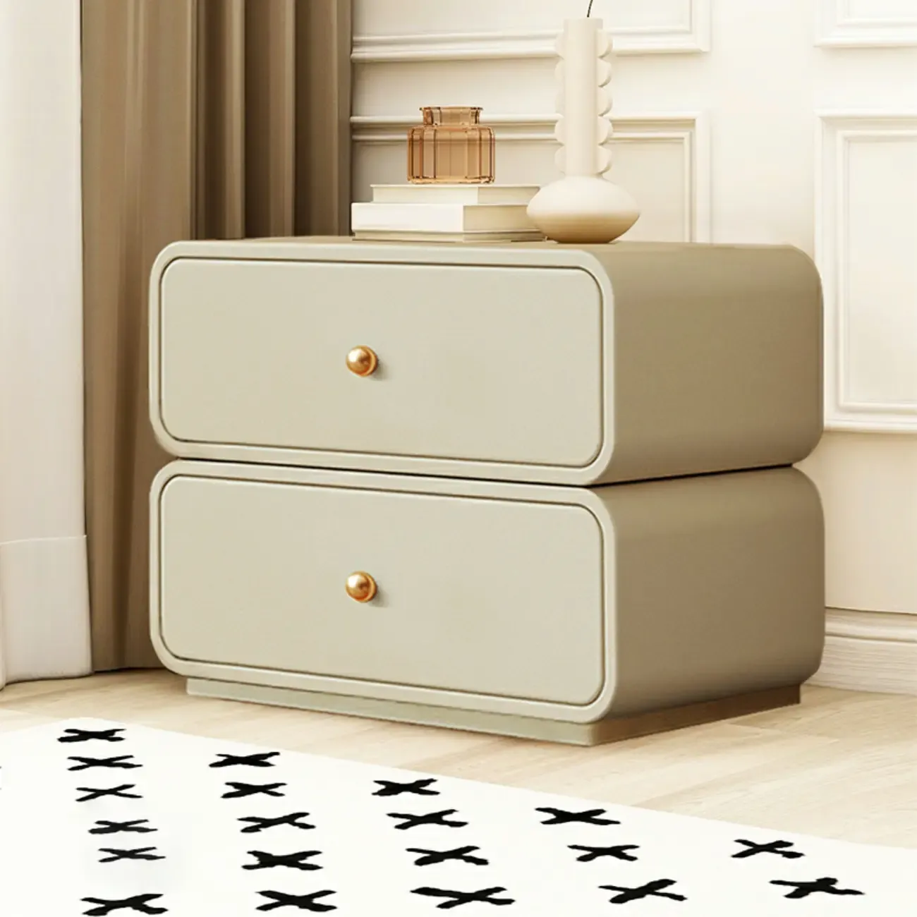 Modern White Faux Leather Rounded 2-Drawer Nightstand Image - 4