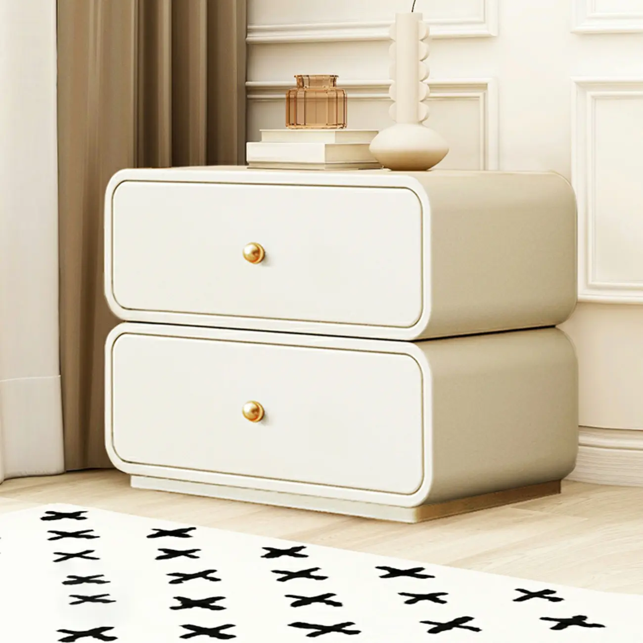 Modern White Faux Leather Rounded 2-Drawer Nightstand Image - 2 | homeyfad