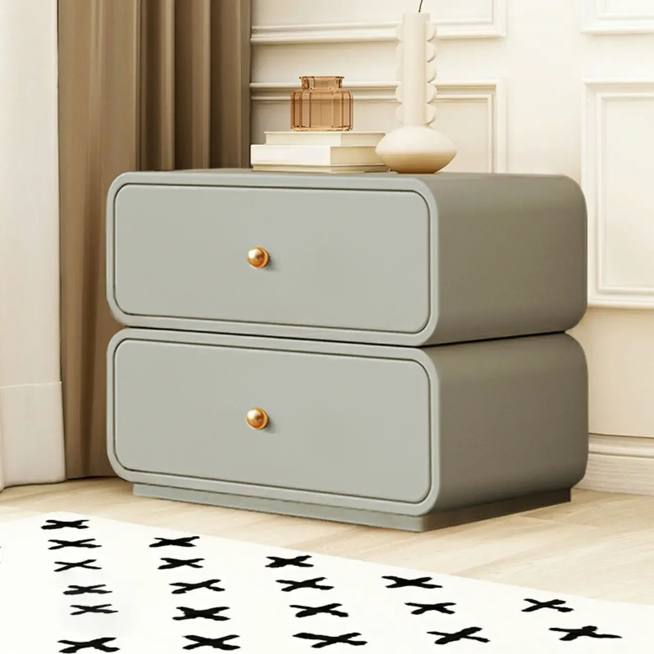 Modern White Faux Leather Rounded 2-Drawer Nightstand Image - 6