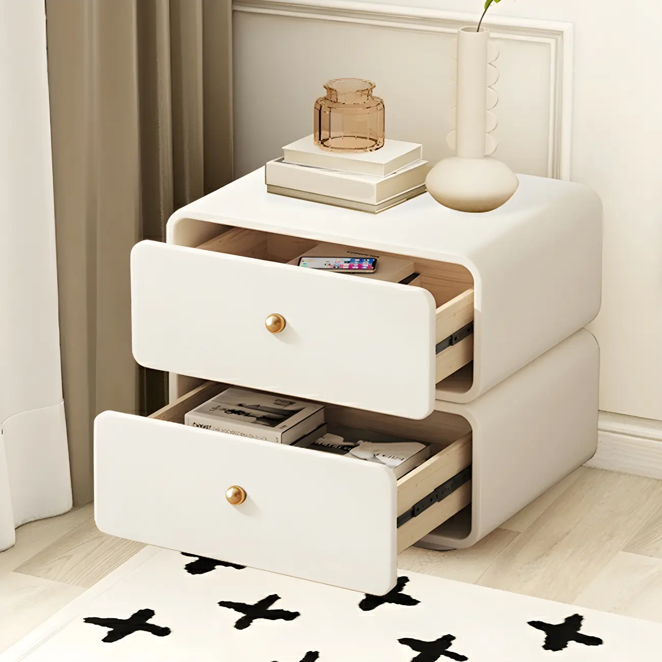 Modern White Faux Leather Rounded 2-Drawer Nightstand Image - 15 | homeyfad