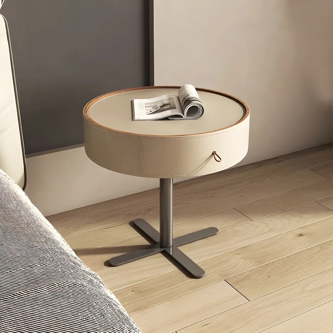 Modern Beige Faux Leather Round Metal Cross Drawer Nightstand Image - 1
