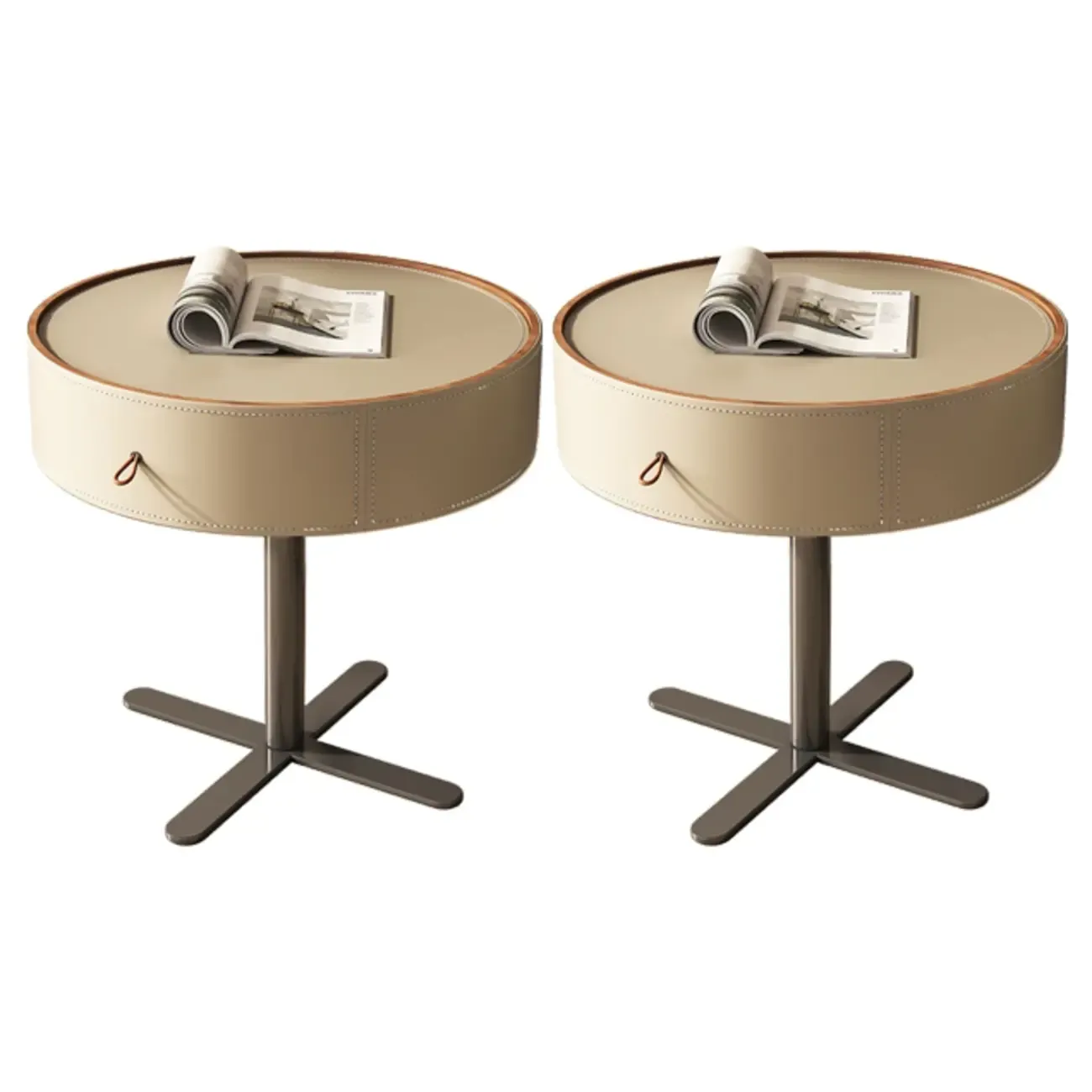 Modern Beige Faux Leather Round Metal Cross Drawer Nightstand Image - 6