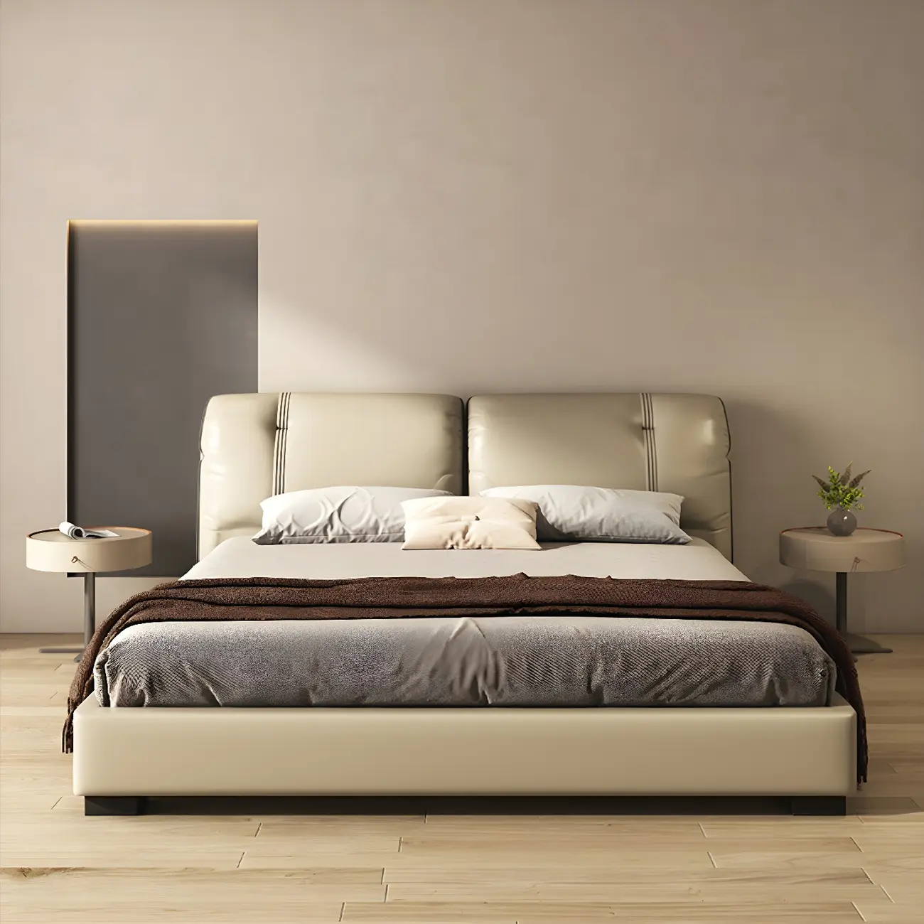 Modern Beige Faux Leather Round Metal Cross Drawer Nightstand Image - 2 | homeyfad