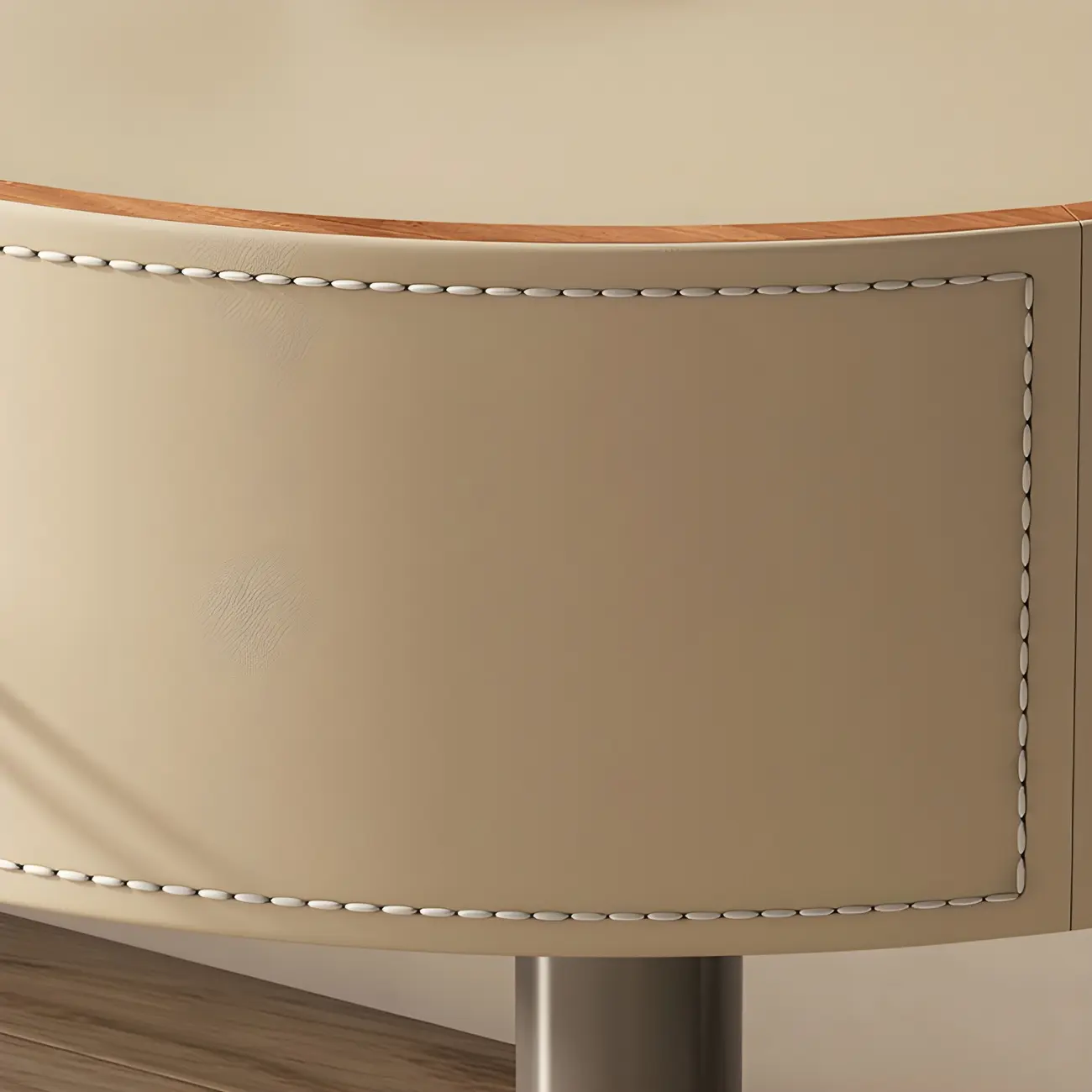 Modern Beige Faux Leather Round Metal Cross Drawer Nightstand Image - 3 | homeyfad