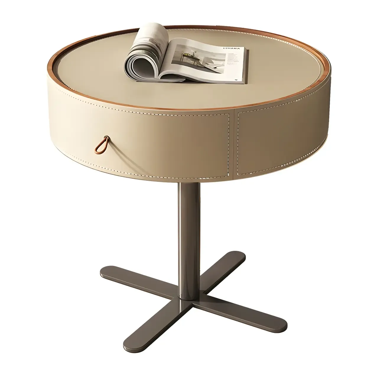 Modern Beige Faux Leather Round Metal Cross Drawer Nightstand Image - 5