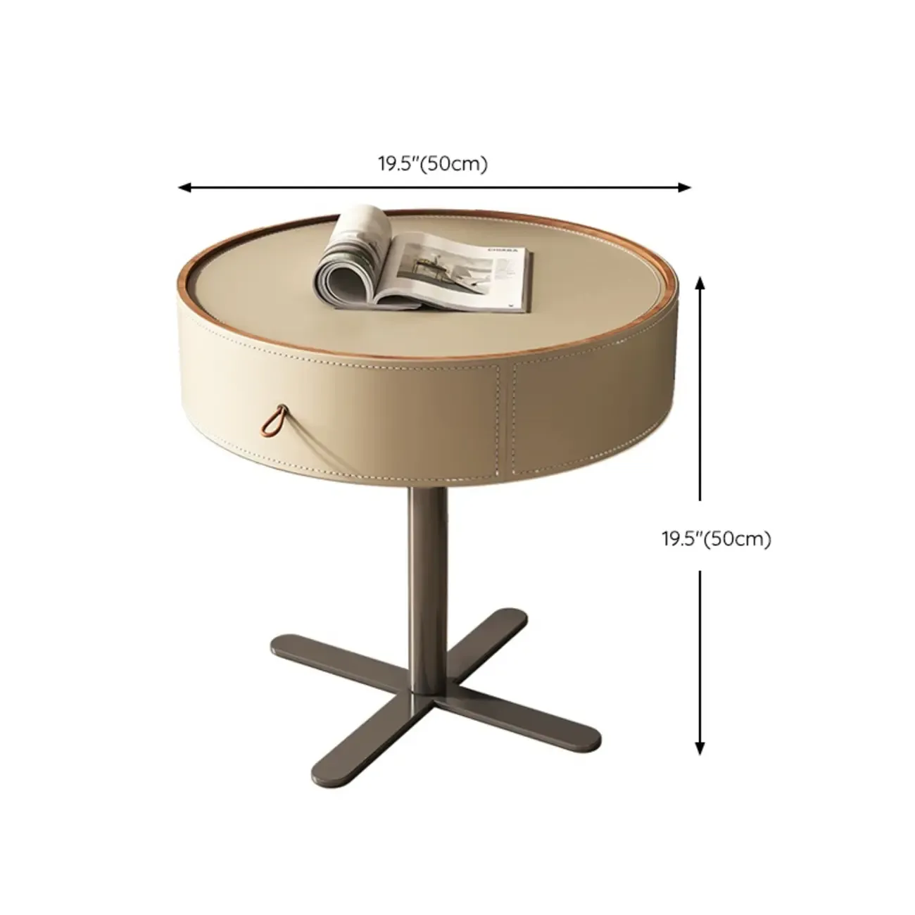 Modern Beige Faux Leather Round Metal Cross Drawer Nightstand #size