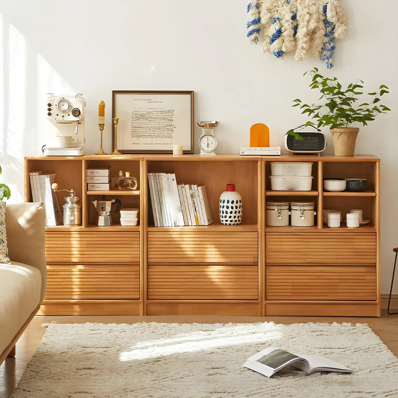 Scandinavian Light Wood 2-Shelf Bookcase with Drawers Image - 1