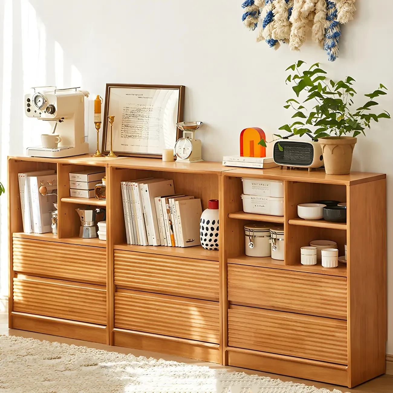 Scandinavian Light Wood 2-Shelf Bookcase with Drawers Image - 2