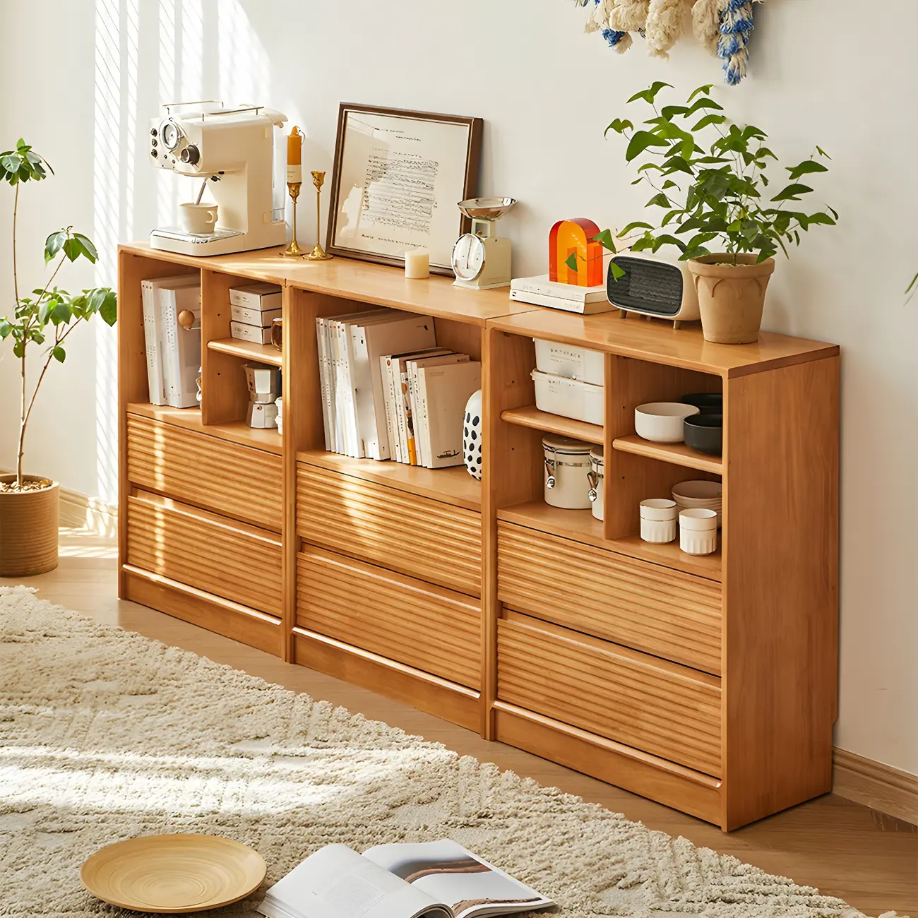 Scandinavian Light Wood 2-Shelf Bookcase with Drawers Image - 7 | homeyfad
