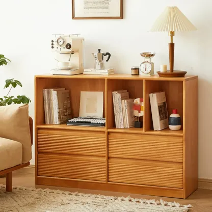 Scandinavian Light Wood 2-Shelf Bookcase with Drawers Image - 13